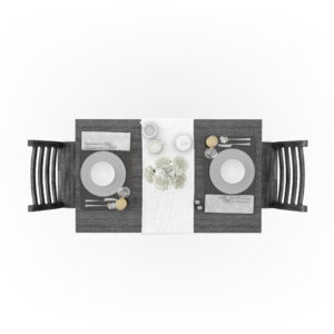 Table with tablecloth, dishware and chairs