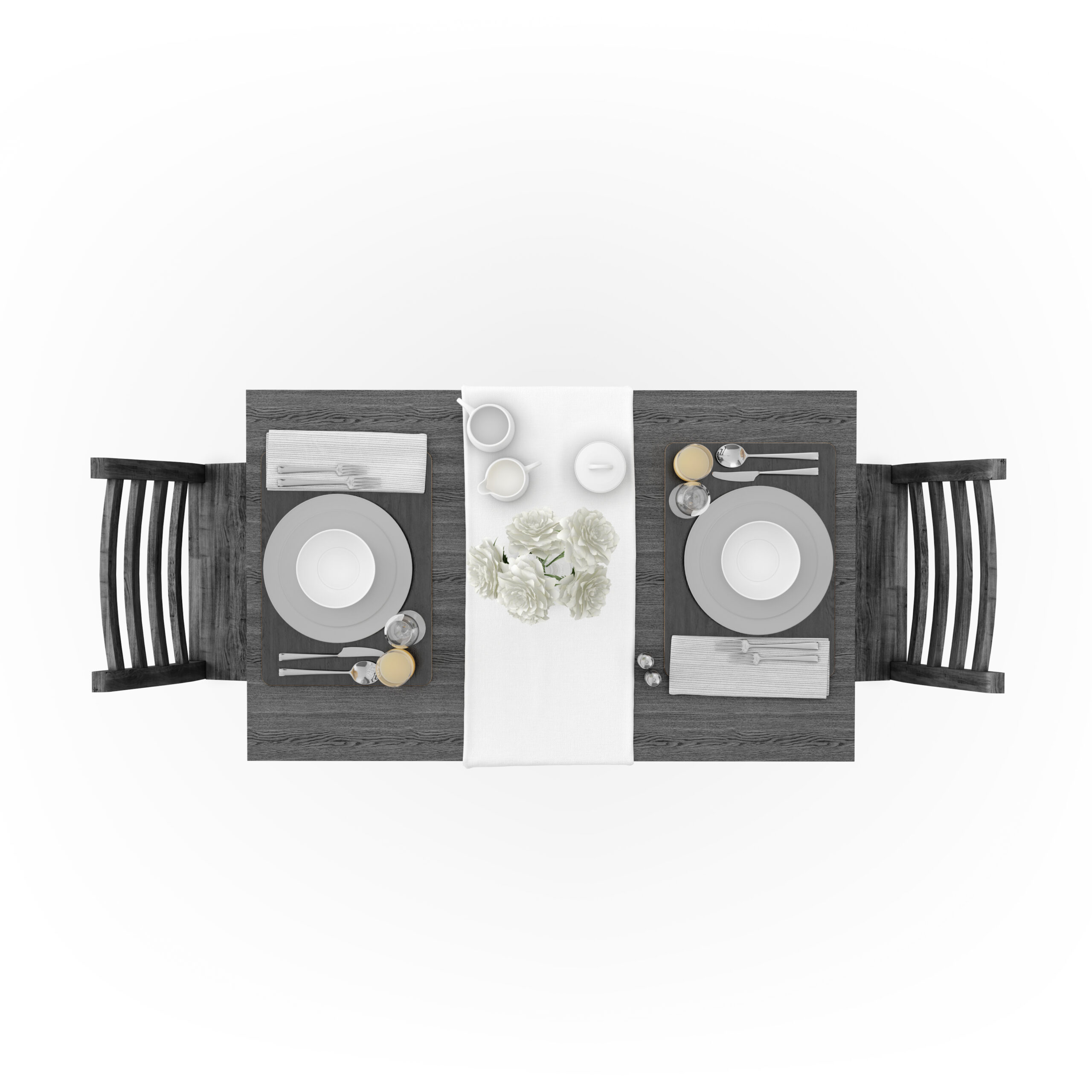 Table with tablecloth, dishware and chairs